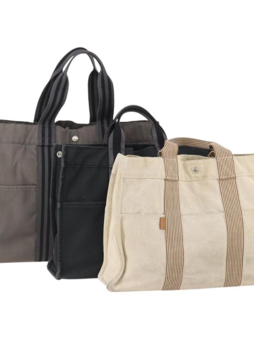 HERMES Fourre Tout MM Hand Bag Canvas 3 Set Gray Black beige Auth 175804